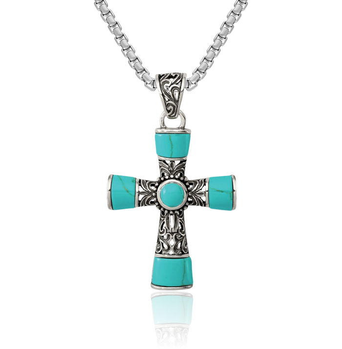 925 Sterling Silver Synthetic Blue Turquoise Vintage Holy Cross Necklace Religious Chain Pendant Jesus Christ Charm