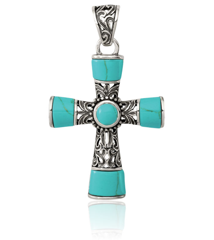925 Sterling Silver Synthetic Blue Turquoise Vintage Holy Cross Necklace Religious Chain Pendant Jesus Christ Charm