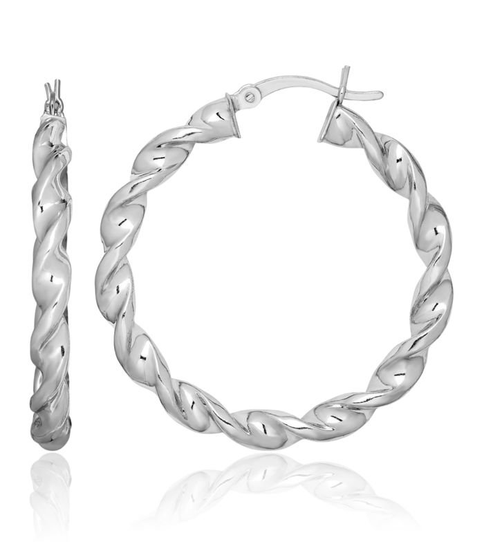 925 Sterling Silver Twisted 3.5x35mm Round Medium Hoop Earrings
