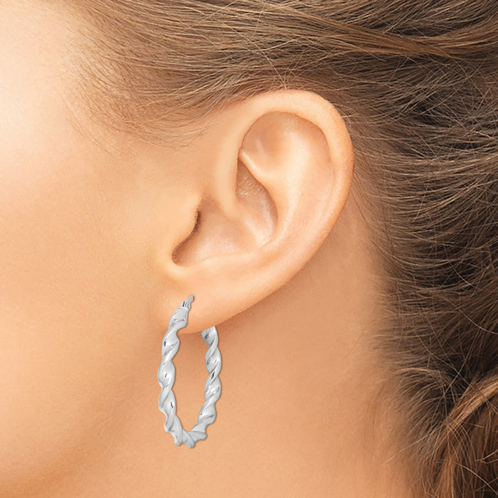 925 Sterling Silver Twisted 3.5x35mm Round Medium Hoop Earrings