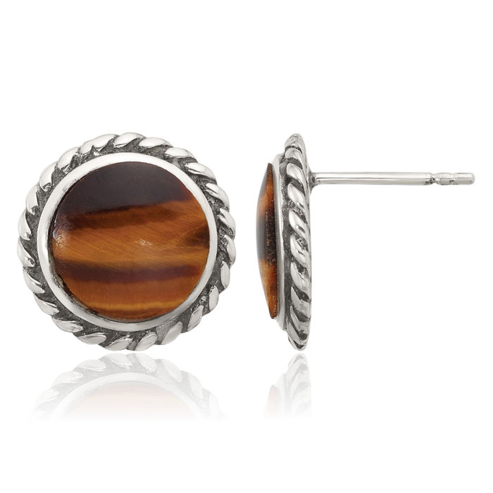 925 Sterling Silver Vintage Twisted Edge Tigers Eye Stud Earrings