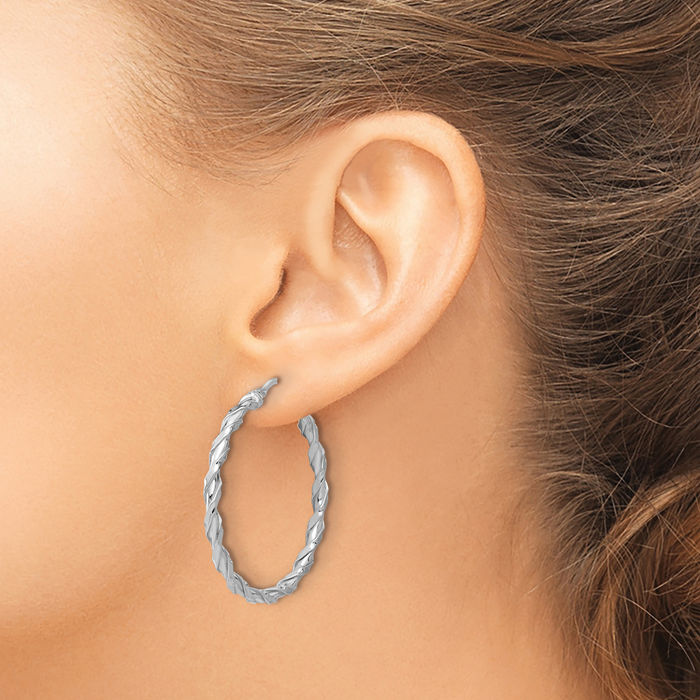 925 Sterling Silver Twisted Round Medium Hoop Earrings