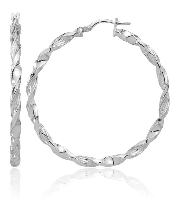 925 Sterling Silver Twisted Round Large Hoop Earrings