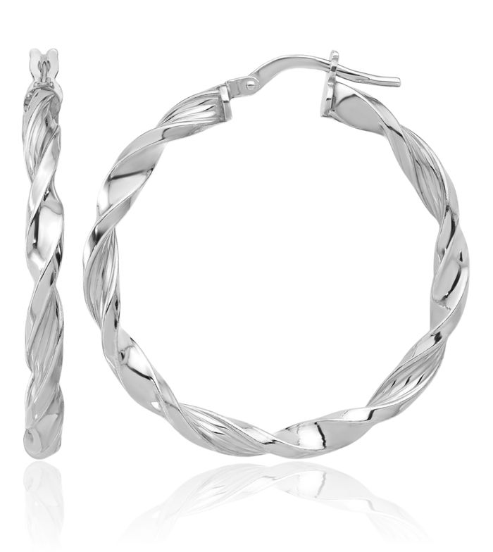925 Sterling Silver Twisted Round Medium Hoop Earrings