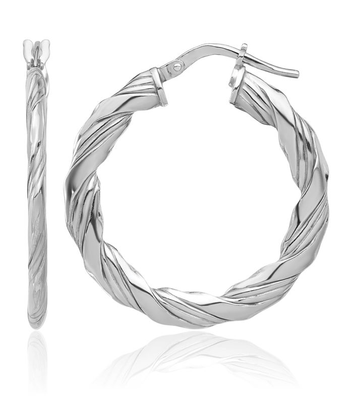 925 Sterling Silver Twisted Round Medium Hoop Earrings