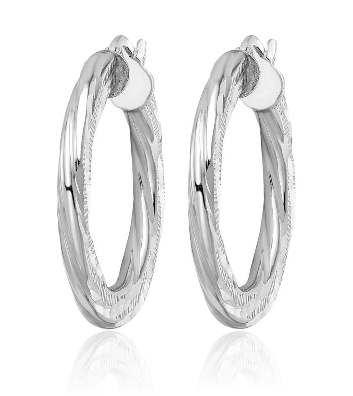925 Sterling Silver Twisted Tube Round Medium Hoop Earrings