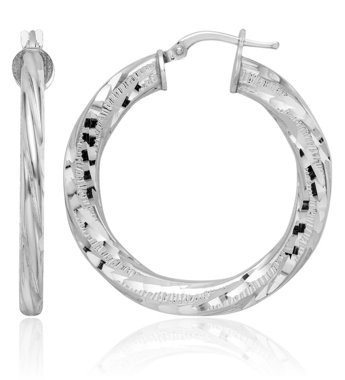 925 Sterling Silver Twisted Tube Round Medium Hoop Earrings