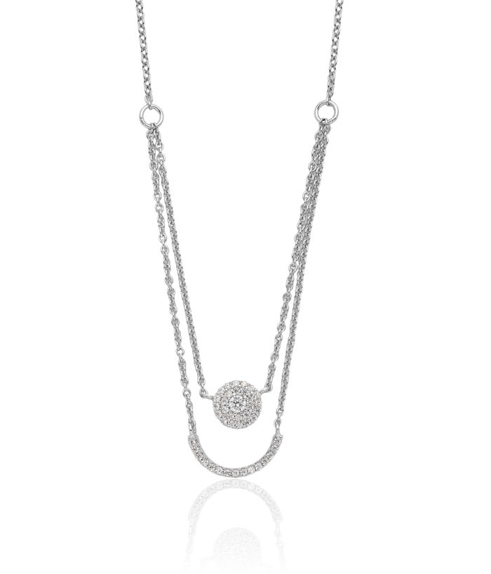 925 Sterling Silver Two Strand Cubic Zirconia CZ Circle Round Layering Necklace Chain