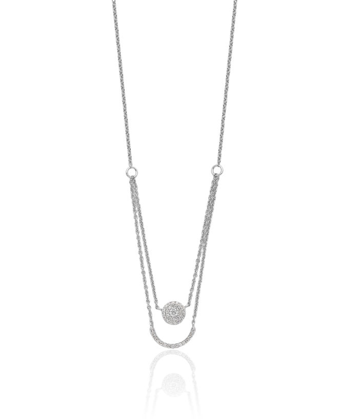 925 Sterling Silver Two Strand Cubic Zirconia CZ Circle Round Layering Necklace Chain