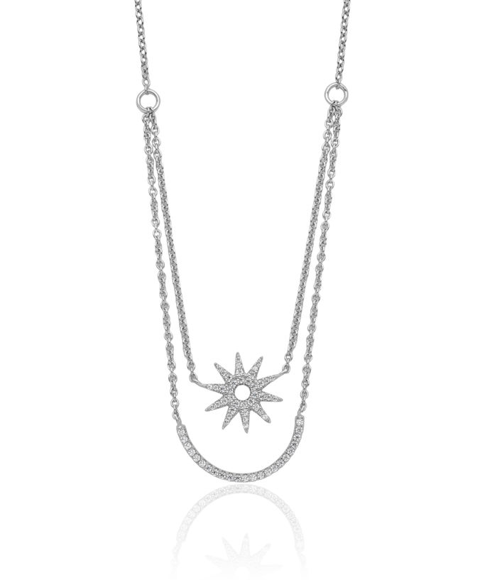 925 Sterling Silver Two Strand Cubic Zirconia CZ Star Necklace Chain