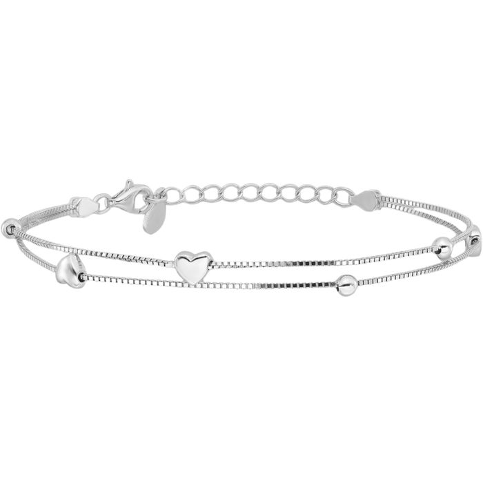 925 Sterling Silver Two Strand Heart /bead Chain Charm Bracelet