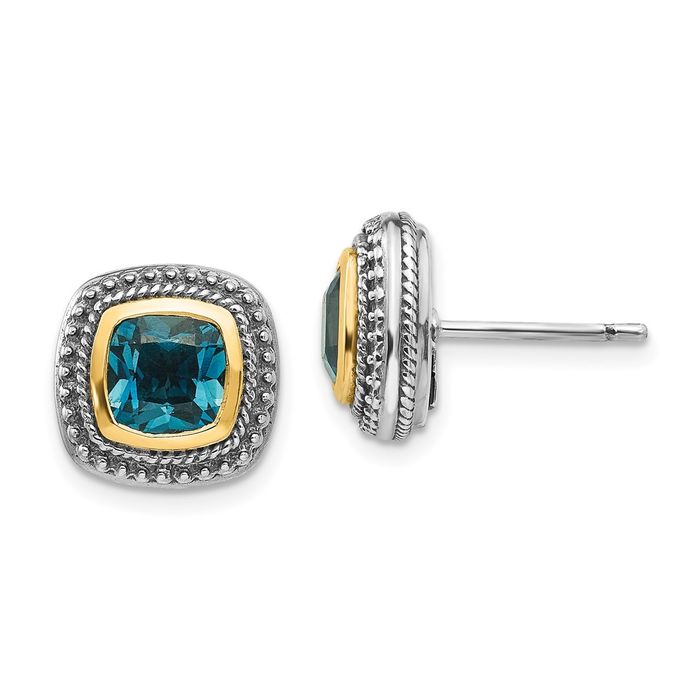 925 Sterling Silver Vintage Cushion-Cut London Blue Topaz Studs Gemstone Earrings