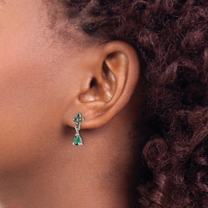 925 Sterling Silver Vintage Marcasite Lab Green Quartz Post Drop Dangle Earrings Pear Teardrop Gemstone Push Back