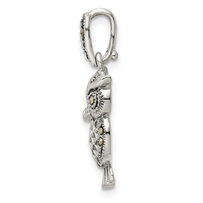 925 Sterling Silver Vintage Marcasite Owl Symbol of Wisdom Bird Necklace Chain Pendant Charm