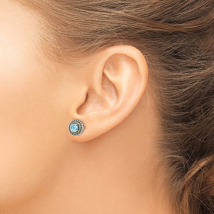 925 Sterling Silver Vintage Round Swiss Blue Topaz Studs Gemstone Earrings