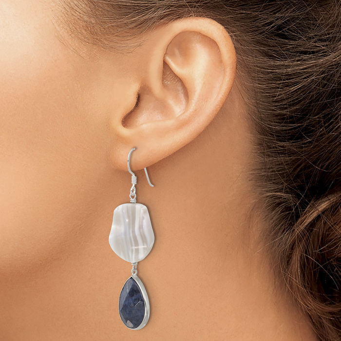 925 Sterling Silver Wavy Grey Agate Lapis Lazuli Teardrop Drop Dangle Earrings