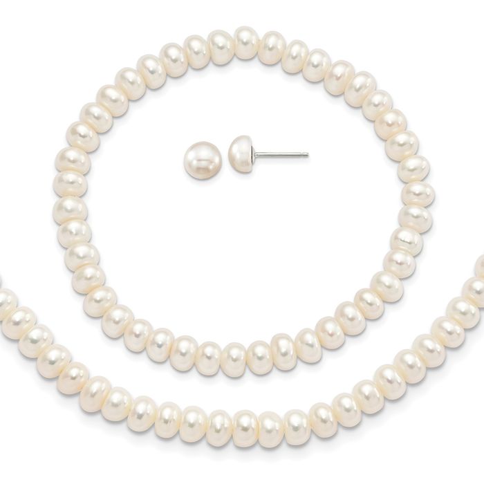 925 Sterling Silver White 6mm 3-piece Freshwater Cultured Pearl Set