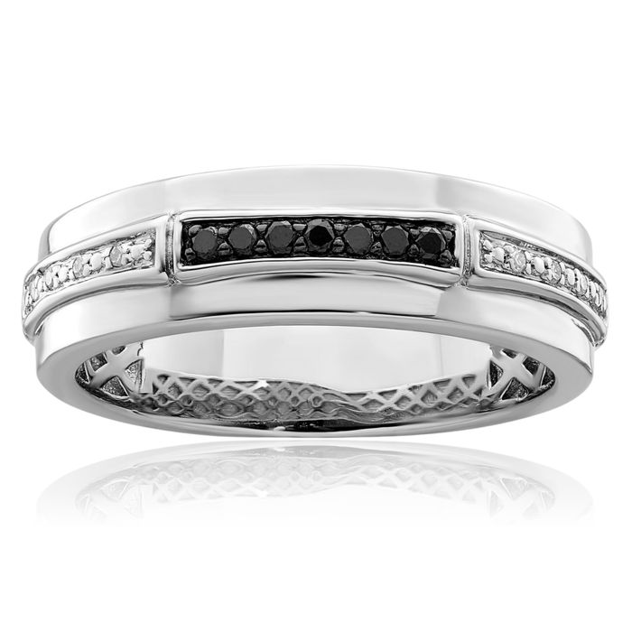 925 Sterling Silver White Black Diamond Mens Ring