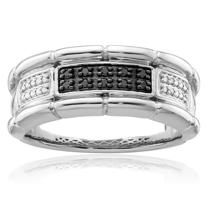 925 Sterling Silver White Black Diamond Mens Ring