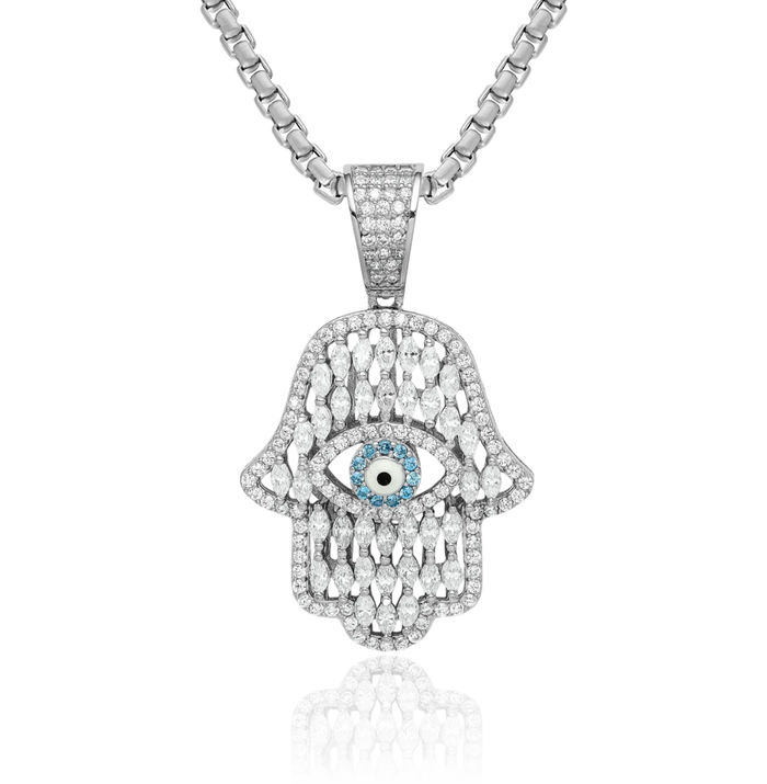 925 Sterling Silver White Blue Cubic Zirconia CZ Hamsa Hand of Fatima Evil Eye Protection Necklace Judaica Religious Chain Pendant Israel Charm