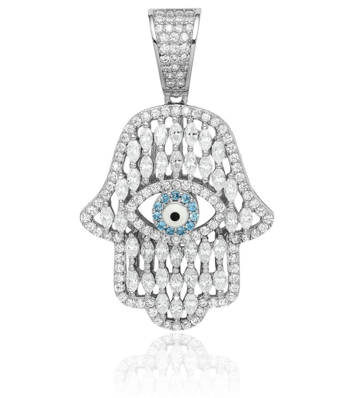 925 Sterling Silver White Blue Cubic Zirconia CZ Hamsa Hand of Fatima Evil Eye Protection Necklace Judaica Religious Chain Pendant Israel Charm