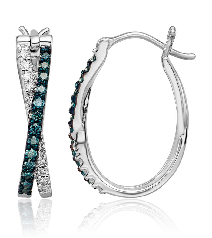 925 Sterling Silver White Blue Diamond Medium Hoop Earrings