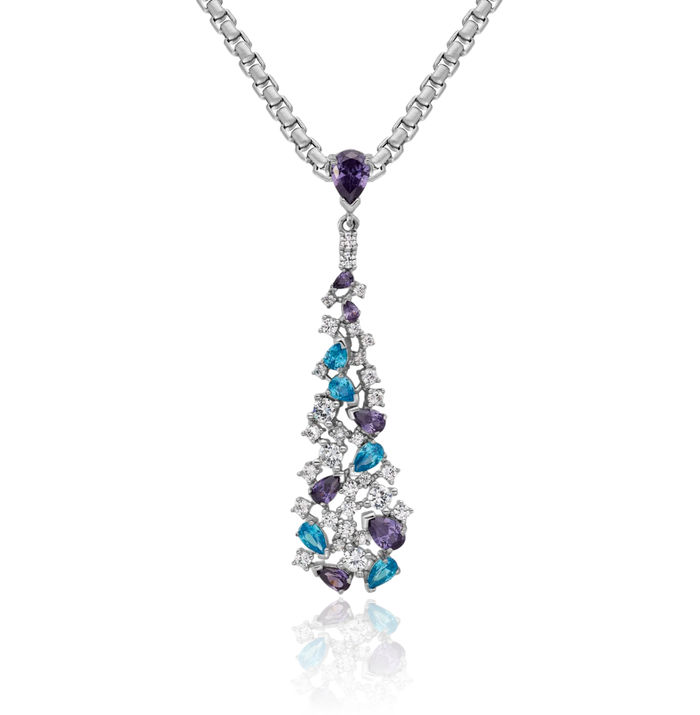 925 Sterling Silver White Blue Purple Cubic Zirconia CZ Teardrop Necklace Pear Pendant Charm
