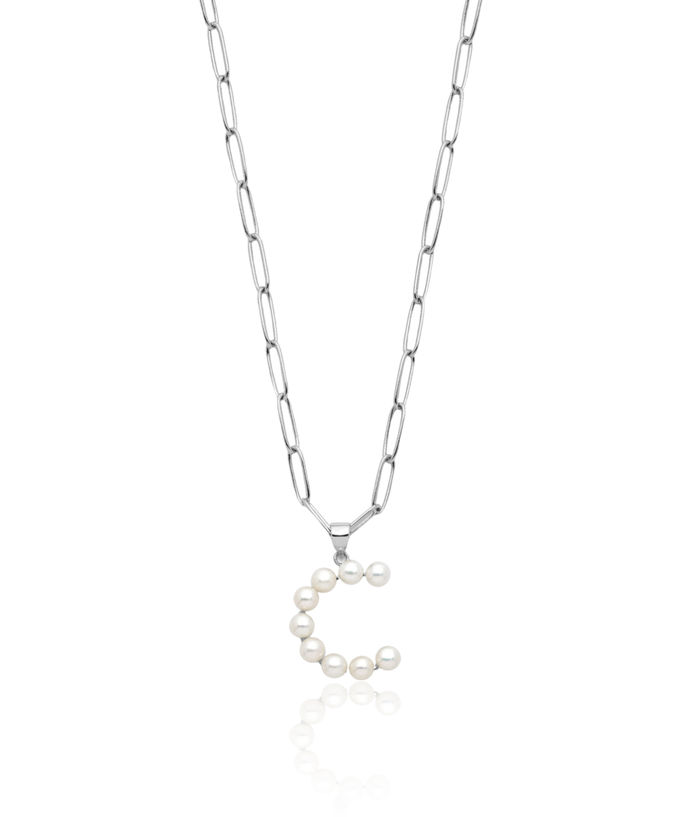 925 Sterling Silver White Button Freshwater Cultured Pearl Dainty Letter C Initial Name Monogram Necklace Chain