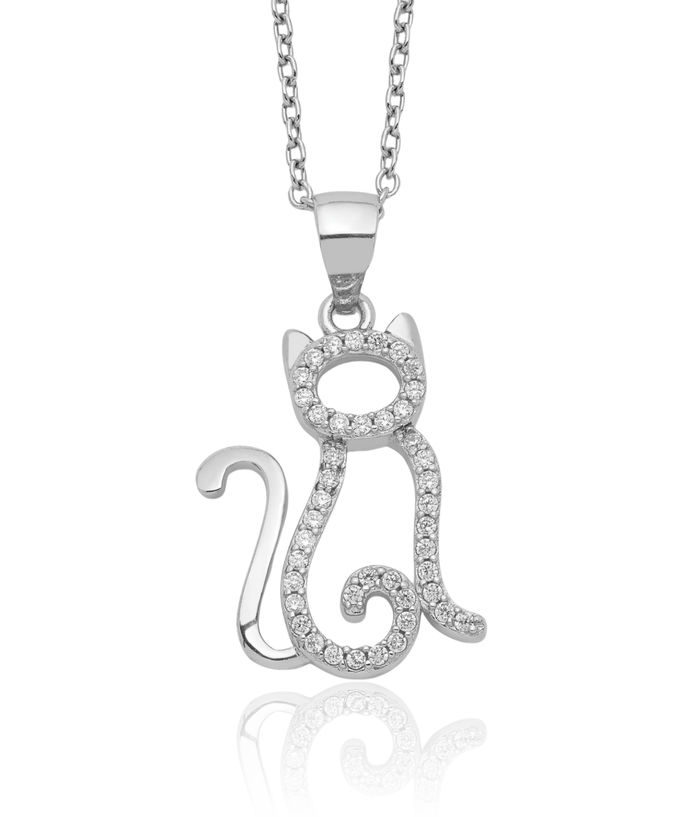 925 Sterling Silver White Cubic Zirconia CZ Cat Necklace Chain