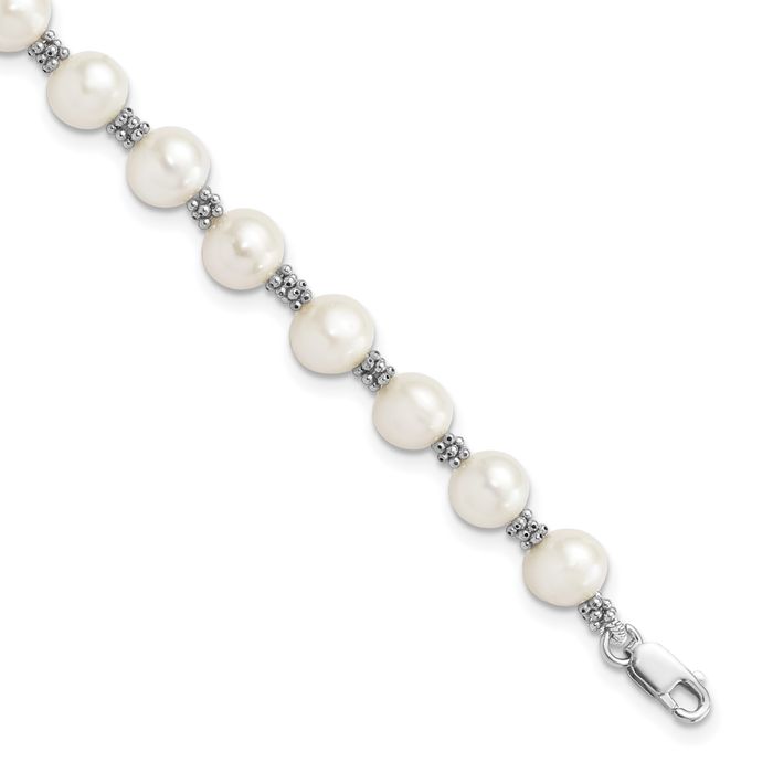 925 Sterling Silver 6mm White Round Freshwater Cultured Pearl Chain Bracelet