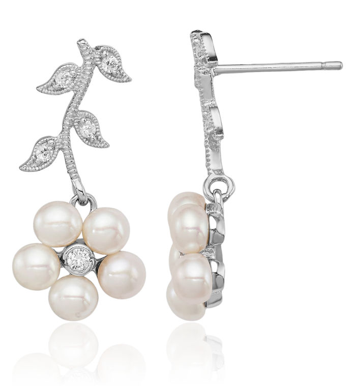 925 Sterling Silver White Freshwater Cultured Pearl Cubic Zirconia CZ Flower Drop Dangle Earrings