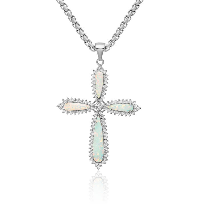 925 Sterling Silver White Lab Opal Cubic Zirconia CZ Holy Cross Necklace Religious Chain Pendant Jesus Christ Charm