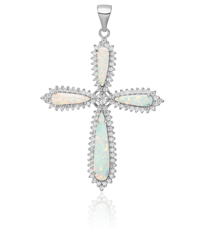 925 Sterling Silver White Lab Opal Cubic Zirconia CZ Holy Cross Necklace Religious Chain Pendant Jesus Christ Charm