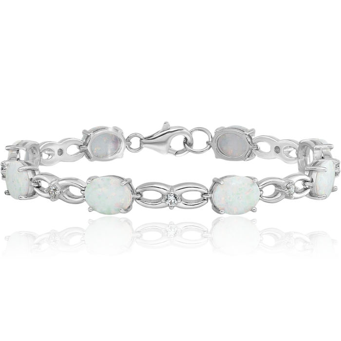 925 Sterling Silver White Lab Opal Cubic Zirconia CZ Chain Gemstone Tennis Bracelet