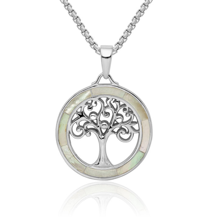 925 Sterling Silver White Mother of Pearl Tree Life Necklace Chain Pendant Charm