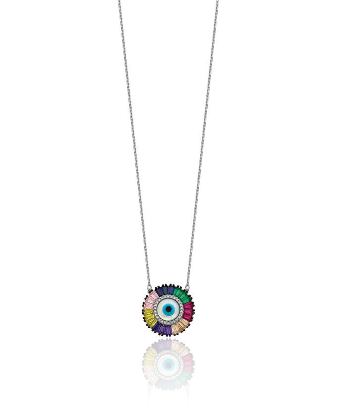 925 Sterling Silver White Multi-color Cubic Zirconia CZ Glass Hamsa Hand of Fatima Evil Eye Protection Good Luck Blue Chain Necklace