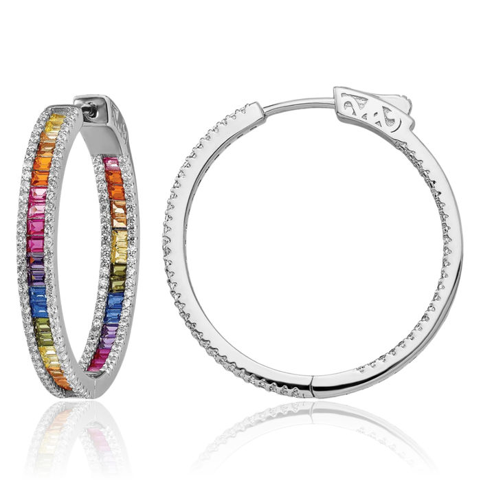 925 Sterling Silver White Multi-color Cubic Zirconia CZ Round Medium Hoop Earrings