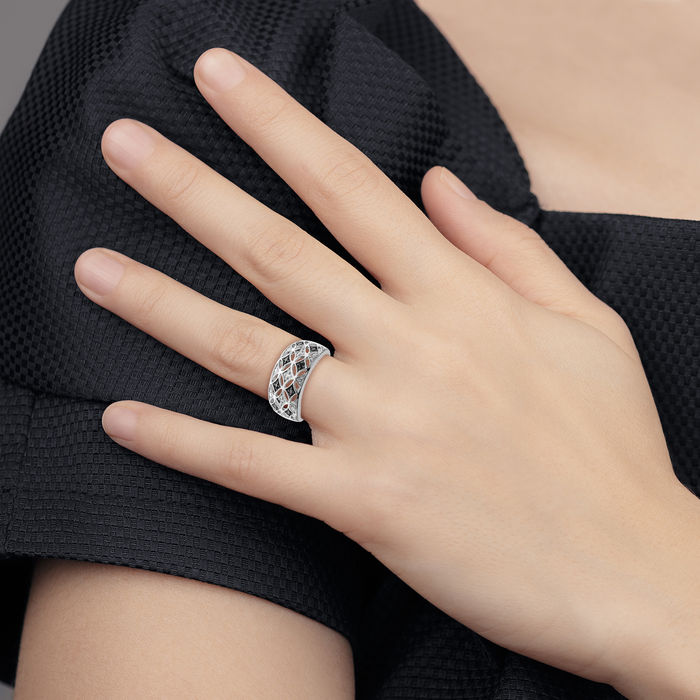 925 Sterling Silver Black White Diamond Ring