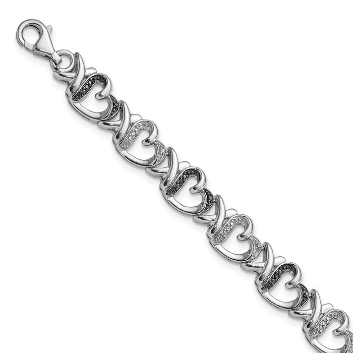 925 Sterling Silver Black White Diamond Heart Chain Tennis Charm Bracelet