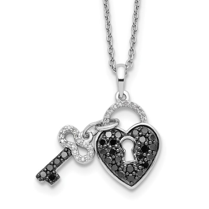 925 Sterling Silver Black White Diamond Heart Key Necklace Chain