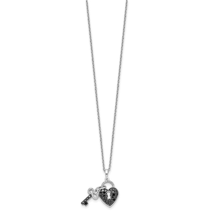 925 Sterling Silver Black White Diamond Heart Key Necklace Chain