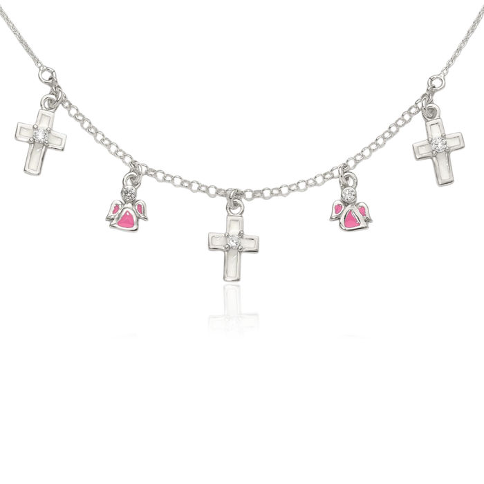 925 Sterling Silver White Pink Cubic Zirconia CZ Holy Cross Guardian Angels Chain Necklace