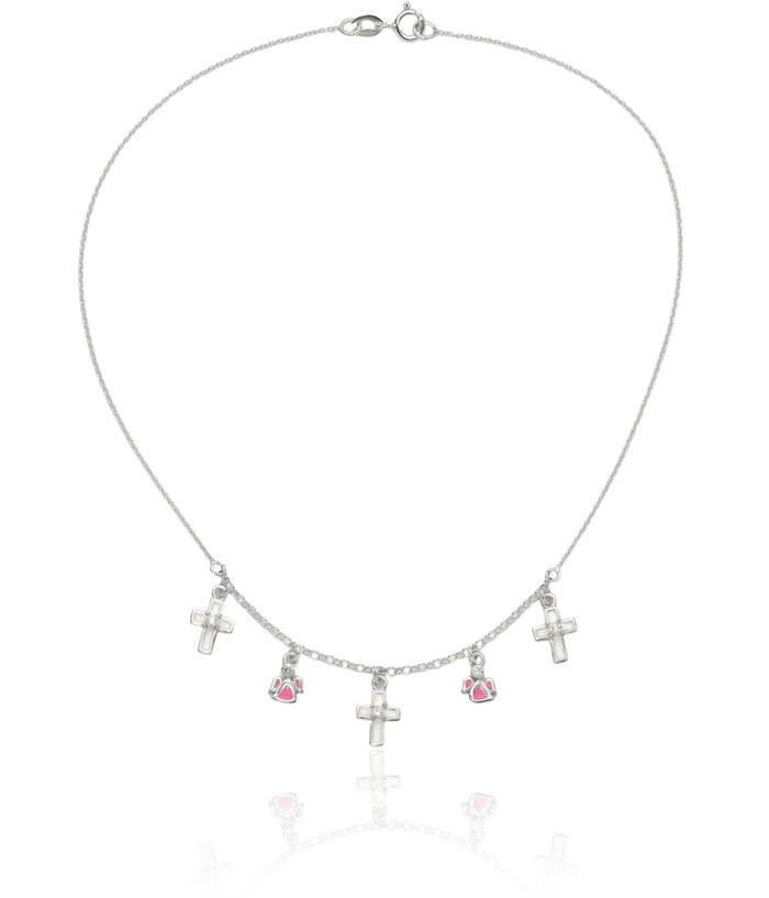 925 Sterling Silver White Pink Cubic Zirconia CZ Holy Cross Guardian Angels Chain Necklace