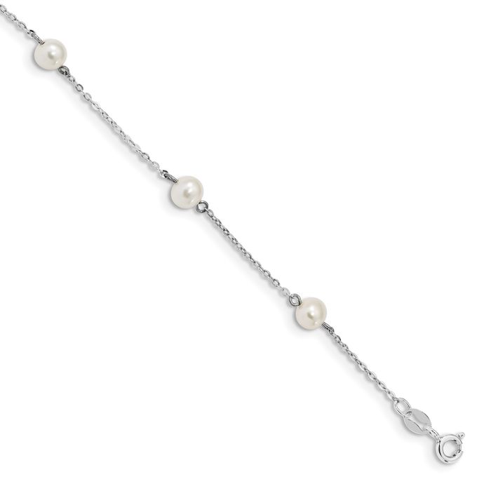 925 Sterling Silver 5mm White Round Freshwater Cultured Pearl 5 Station Chain Bracelet