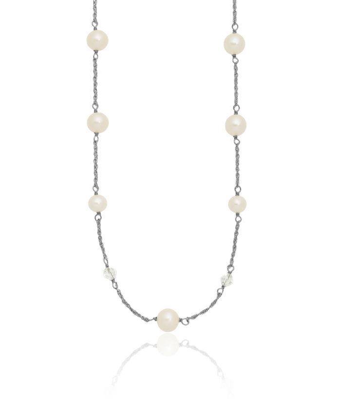 925 Sterling Silver White Near Round Freshwater Cultured Pearl Glass 5 Station Necklace Chain