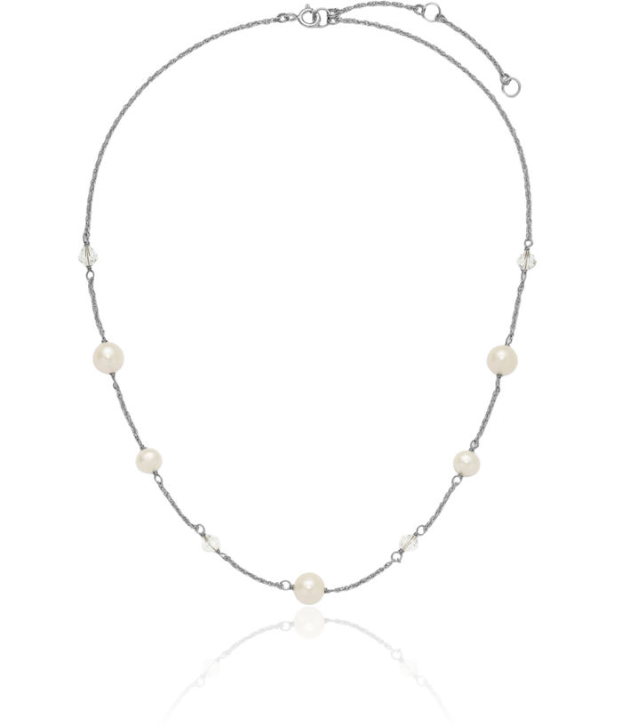 925 Sterling Silver White Near Round Freshwater Cultured Pearl Glass 5 Station Necklace Chain