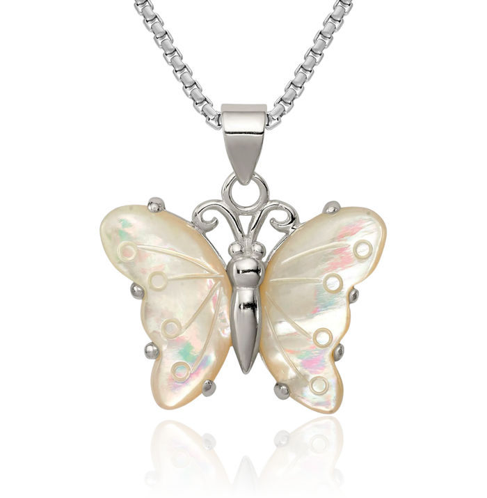 925 Sterling Silver White Shell Butterfly Wings Necklace Chain Pendant Charm