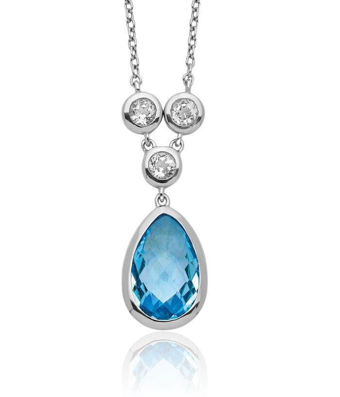 925 Sterling Silver White Swiss Blue Topaz Necklace Chain Gemstone Pendant Charm