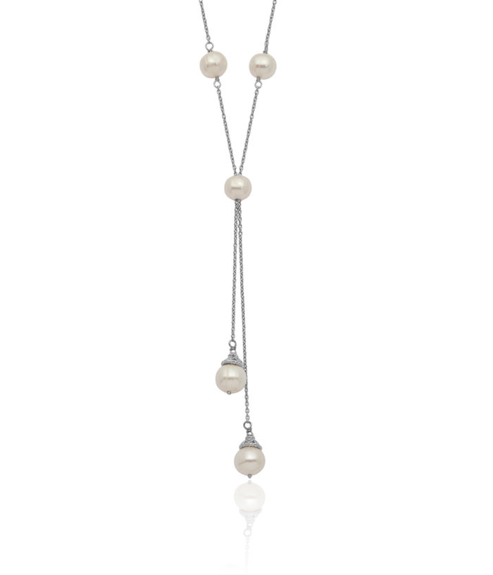 925 Sterling Silver 6 9mm White Teardrop Round Freshwater Cultured Pearl 9 Station Drop Necklace Chain