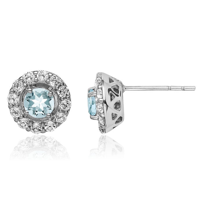 925 Sterling Silver White Topaz Blue Aquamarine Stud Earrings March Birthstone Jewelry